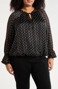 Adrianna Papell Polka Dot Tie Keyhole Long Sleeve Top