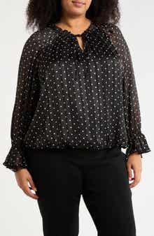 Adrianna Papell Polka Dot Tie Keyhole Long Sleeve Top