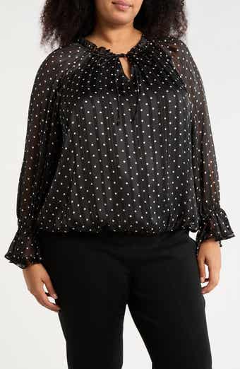 Adrianna Papell Polka Dot Tie Keyhole Long Sleeve Top