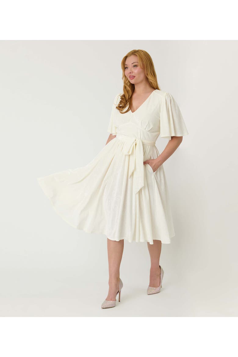1940s Velvet Flutter Sleeve Swing Dress, Alternate, color, Ivory Peacock Print