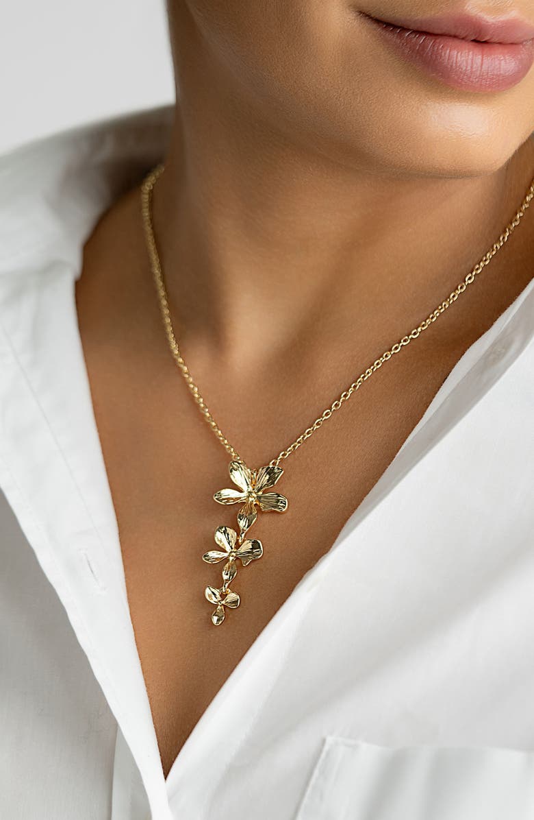 Adornia Petal Triple Flower Drop Pendant Necklace, Alternate, color, Gold