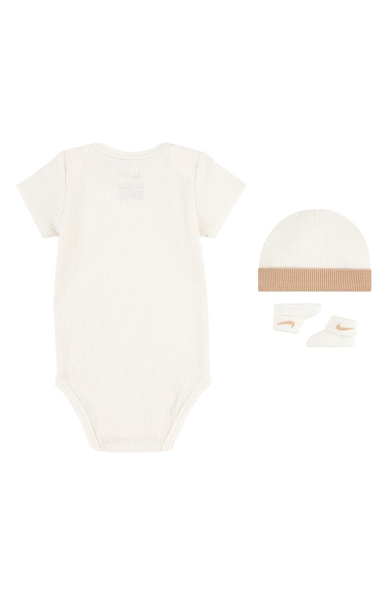 Nike Waffle Knit Bodysuit, Hat & Booties Boxes Set, Alternate, color, Pale Ivory