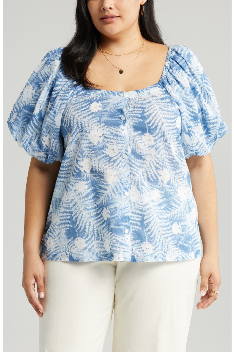 Puff Sleeve Front Button Organic Cotton Top, Alternate, color, BLUE MOONLIGHT FLORAL FERNS