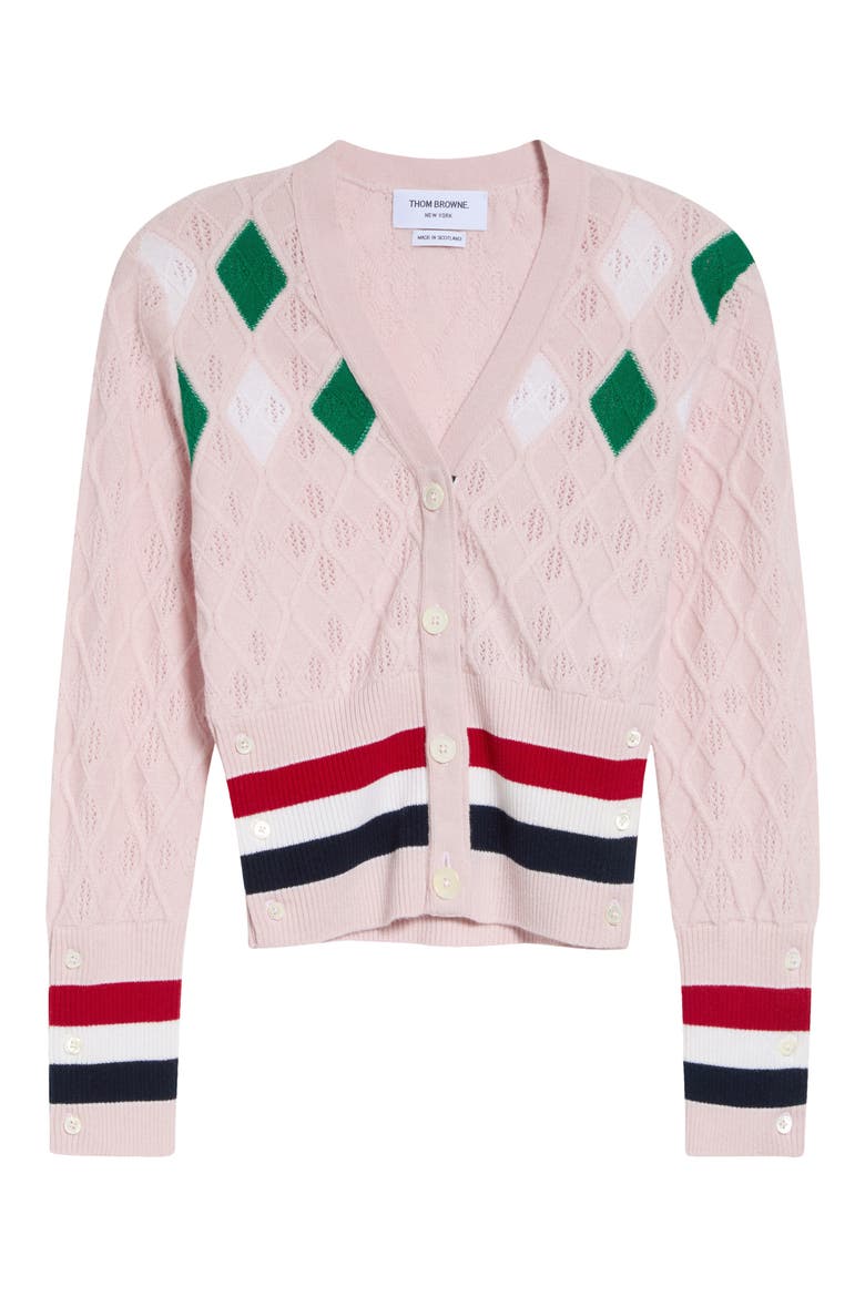 Argyle Intarsia Cashmere Pointelle Cardigan, Main, color, LIGHT PINK