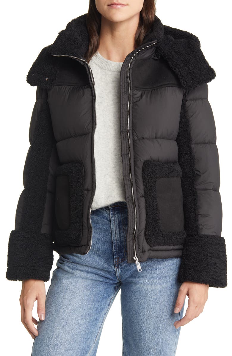 Sam Edelman Mixed Media Puffer Jacket with Faux Fur Trim, Main, color,