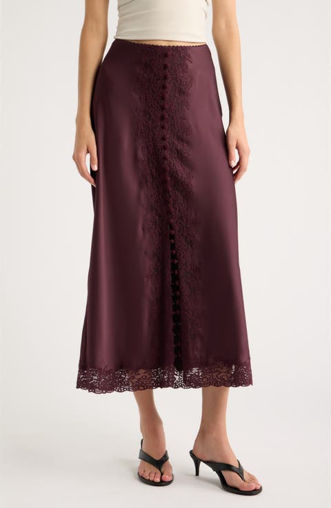 Tirelle Lace Trim Satin Midi Skirt