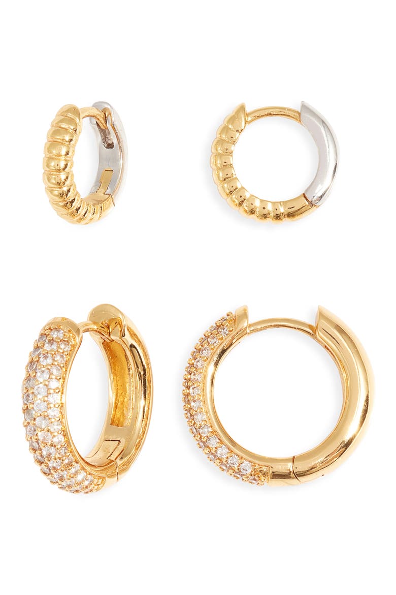 Set of 2 Cubic Zirconia Huggie Hoop Earrings, Main, color, CLEAR- GOLD- SILVER