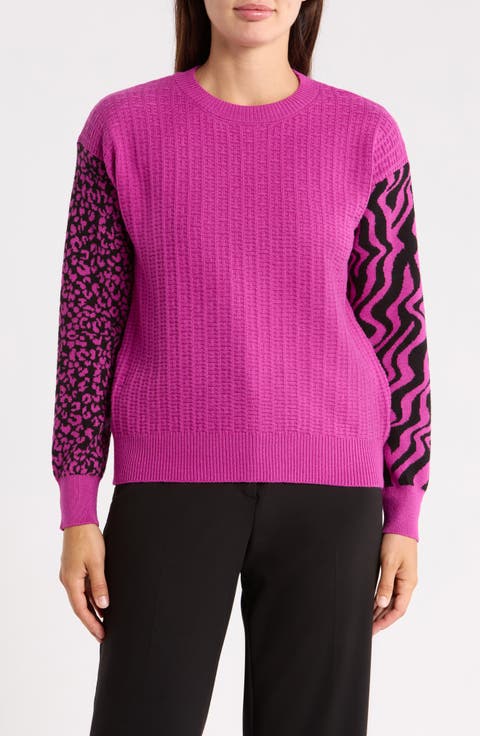 Animal Pattern Sleeve Crewneck Sweater