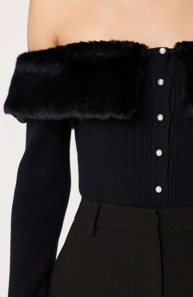 ASTR the Label Tabathia Off the Shoulder Faux Fur Trim Sweater, Alternate, color, Black
