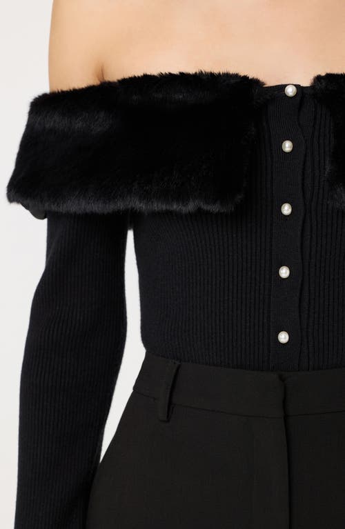 Astr The Label Tabathia Off The Shoulder Faux Fur Trim Sweater In Black