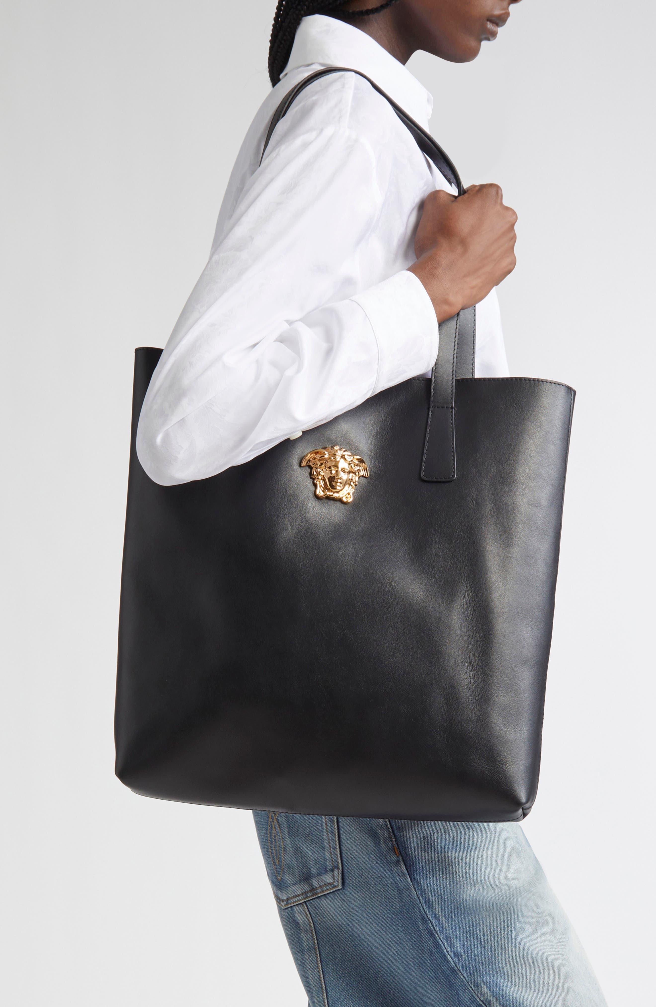 Versace Medusa Leather Tote Bag, Alternate, color, Black-Versace Gold