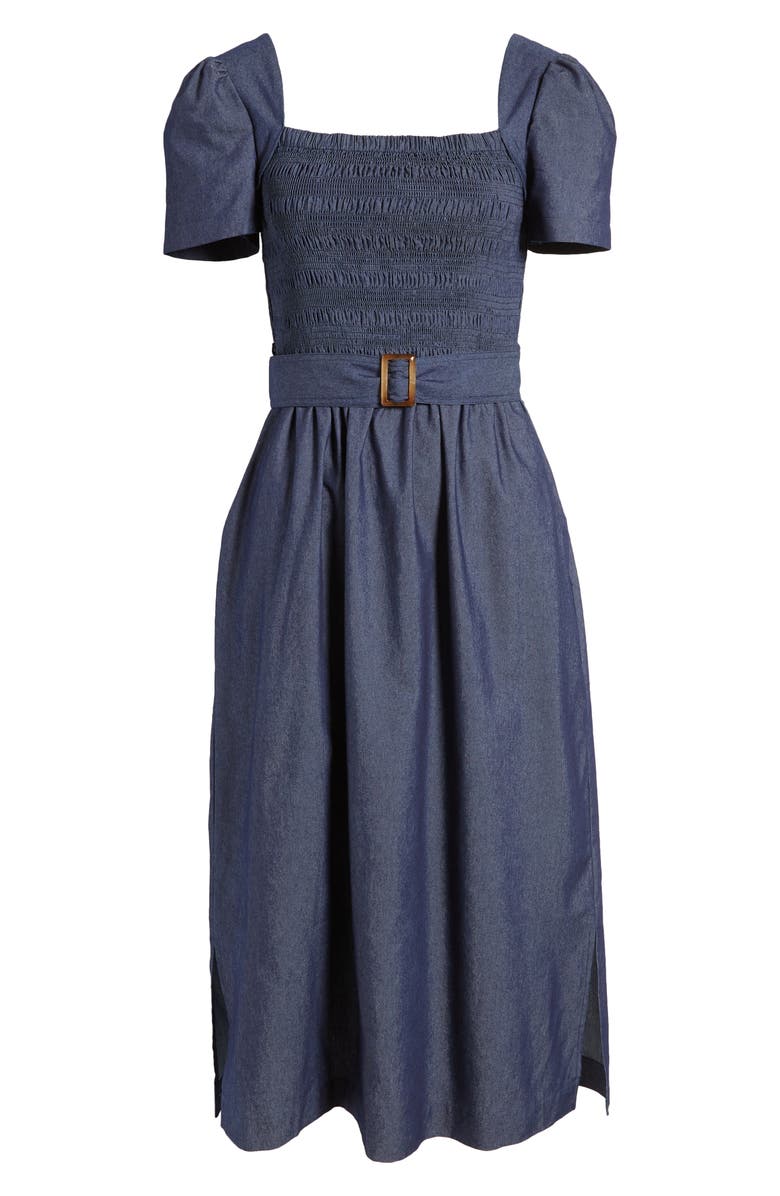 Tahari ASL Smocked Bodice Denim Midi Dress, Alternate, color, 