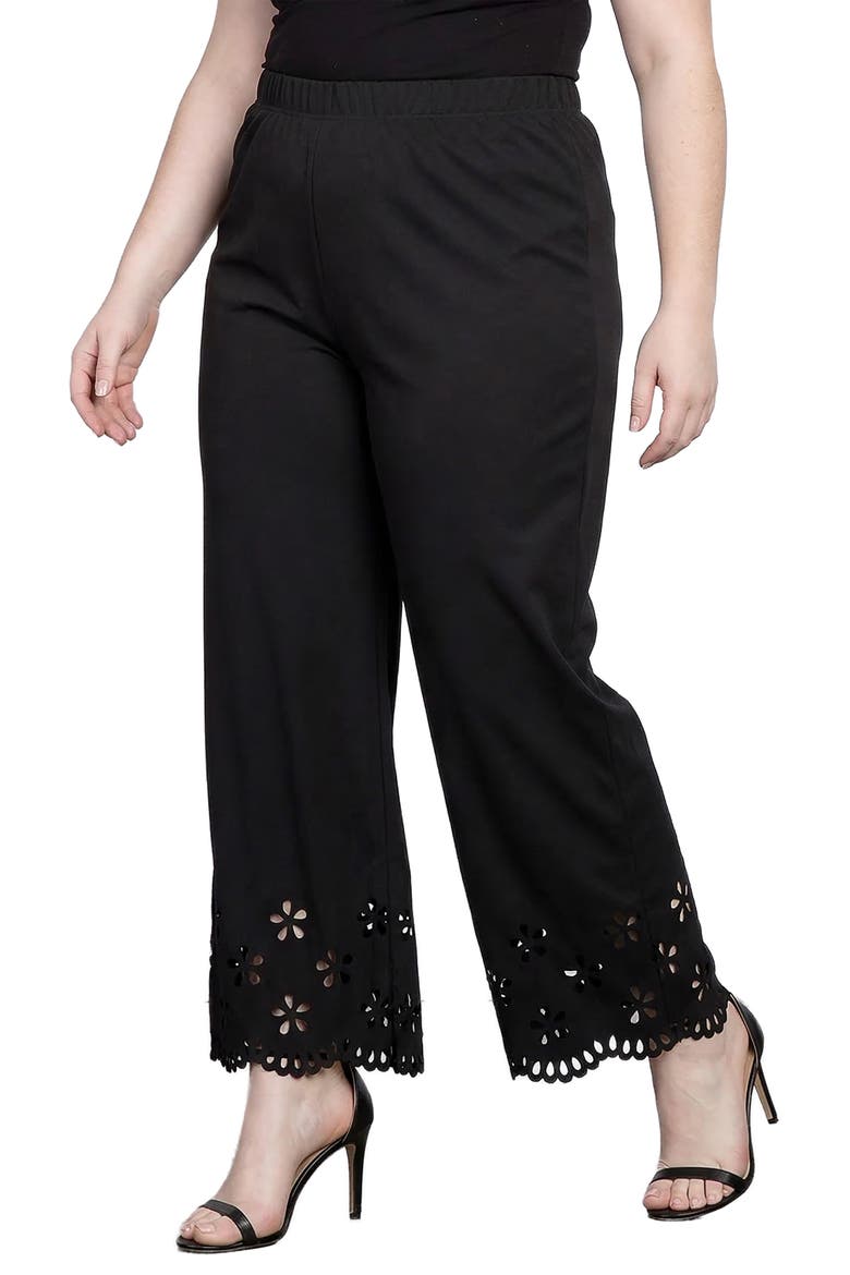 Floral Eyelet Hem Pull-On Pants, Alternate, color, BLACK