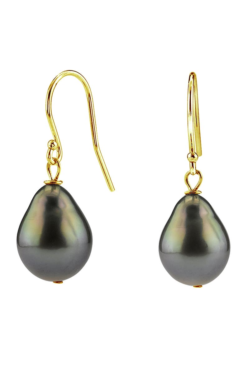 14K Gold Tahitian South Sea Teardrop Pearl Dangling Tincup Earrings, Main, color, Yellow Gold - Black Pearl