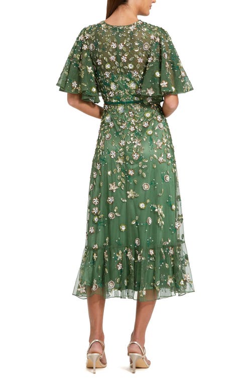 Mac Duggal Floral Embellished Flutter Sleeve Midi Dress In Green