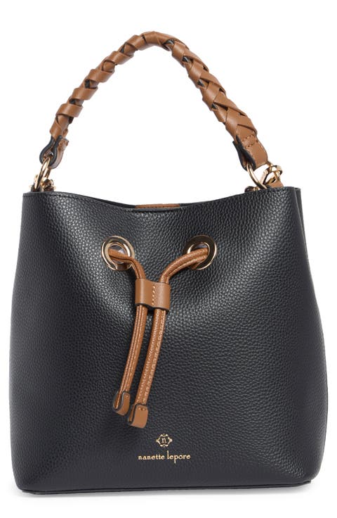 Faux Leather Bucket Bag with Braided Handle