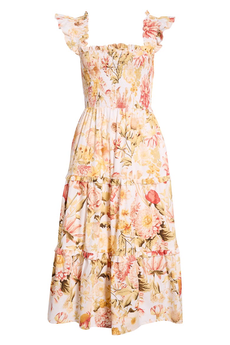 Emy Floral Zury Smocked Midi Dress, Alternate, color, IVORY/ CORAL MULTI