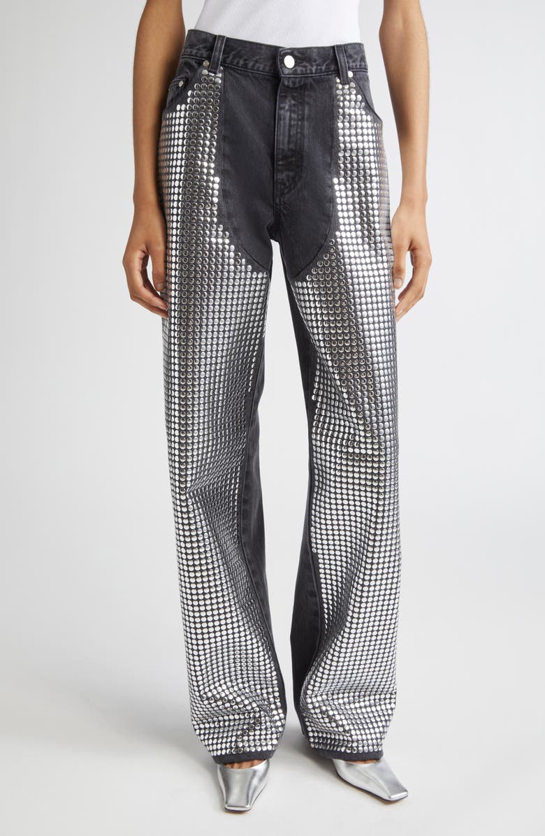 Stella McCartney Mirror Stud Wide Leg Jeans, Main, color, Black Denim Wash
