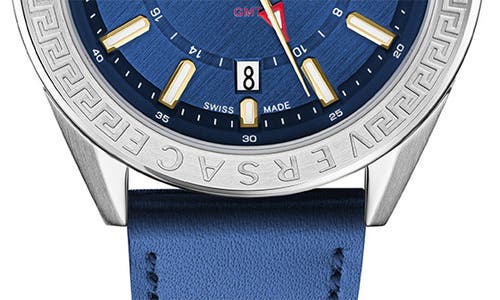 Versace V-code Gmt Leather Strap Watch, 42mm In Blue-silver