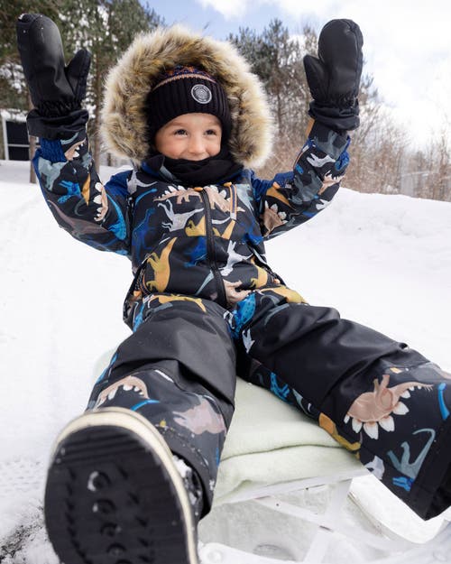 Deux Par Deux One-piece Play Snowsuit Dinosaur In Black