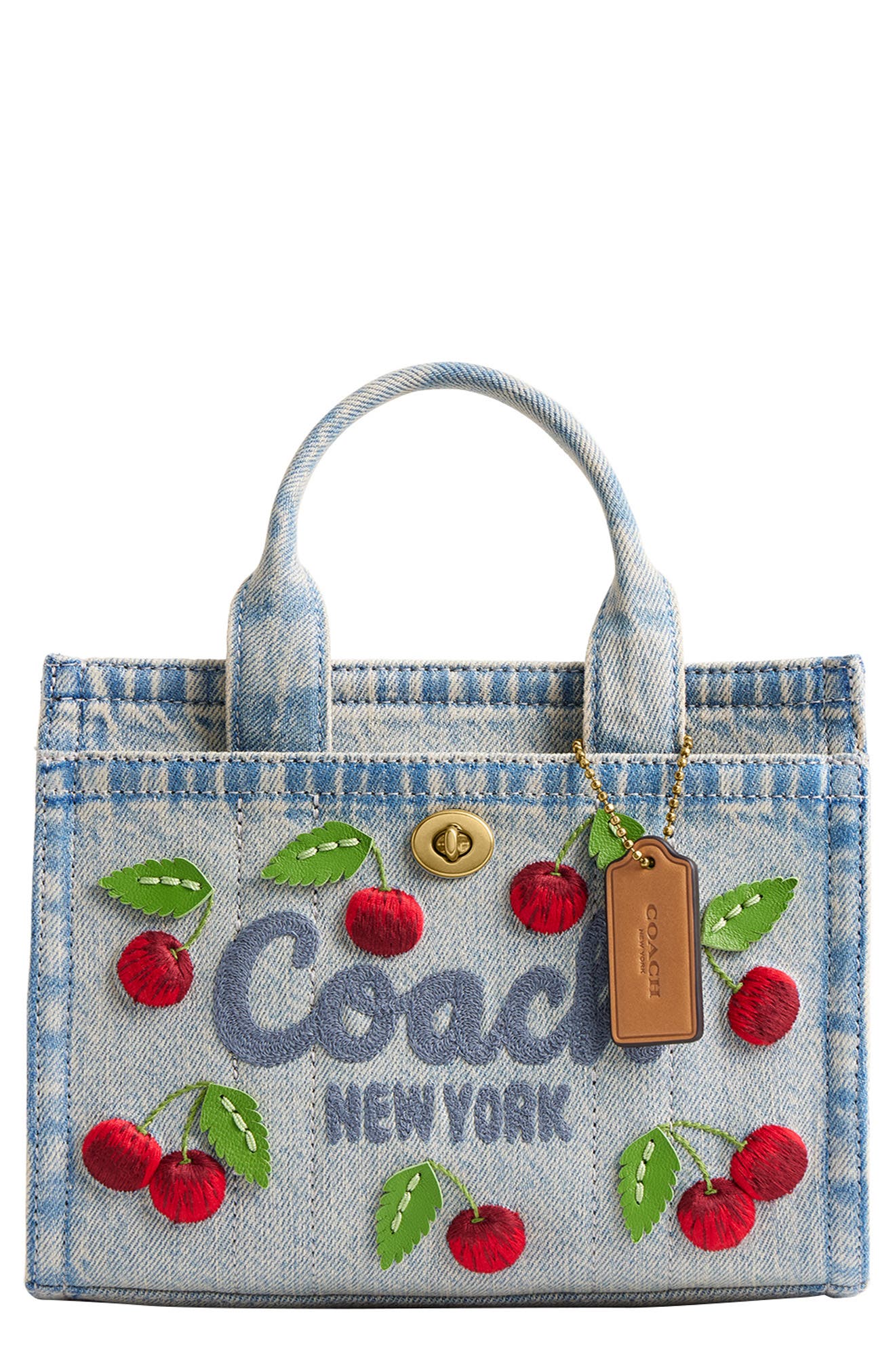 COACH Cherry Embroidered Denim Cargo Tote, Main, color, Denim Multi