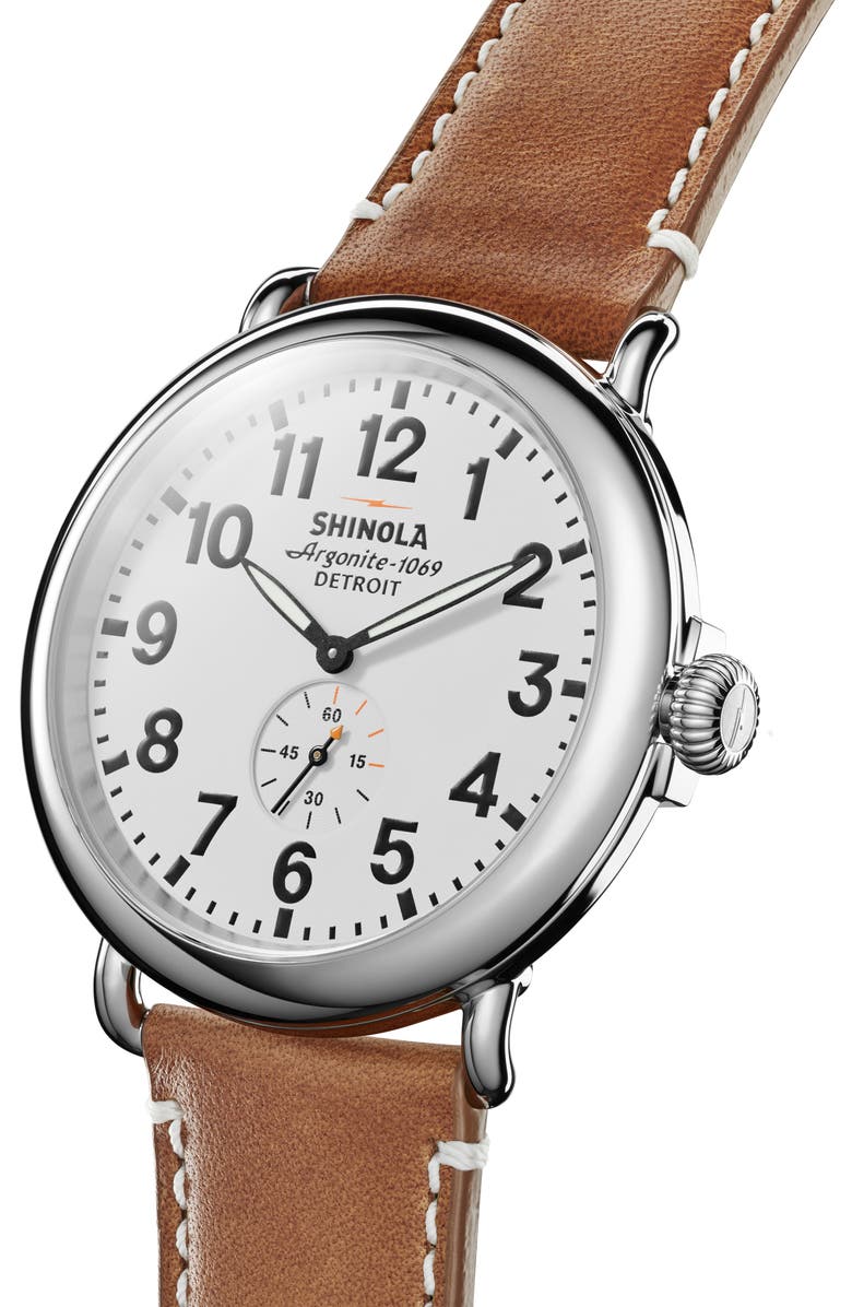 Shinola The Runwell Leather Strap Watch, 47mm, Alternate, color, Brown/ White/ Silver