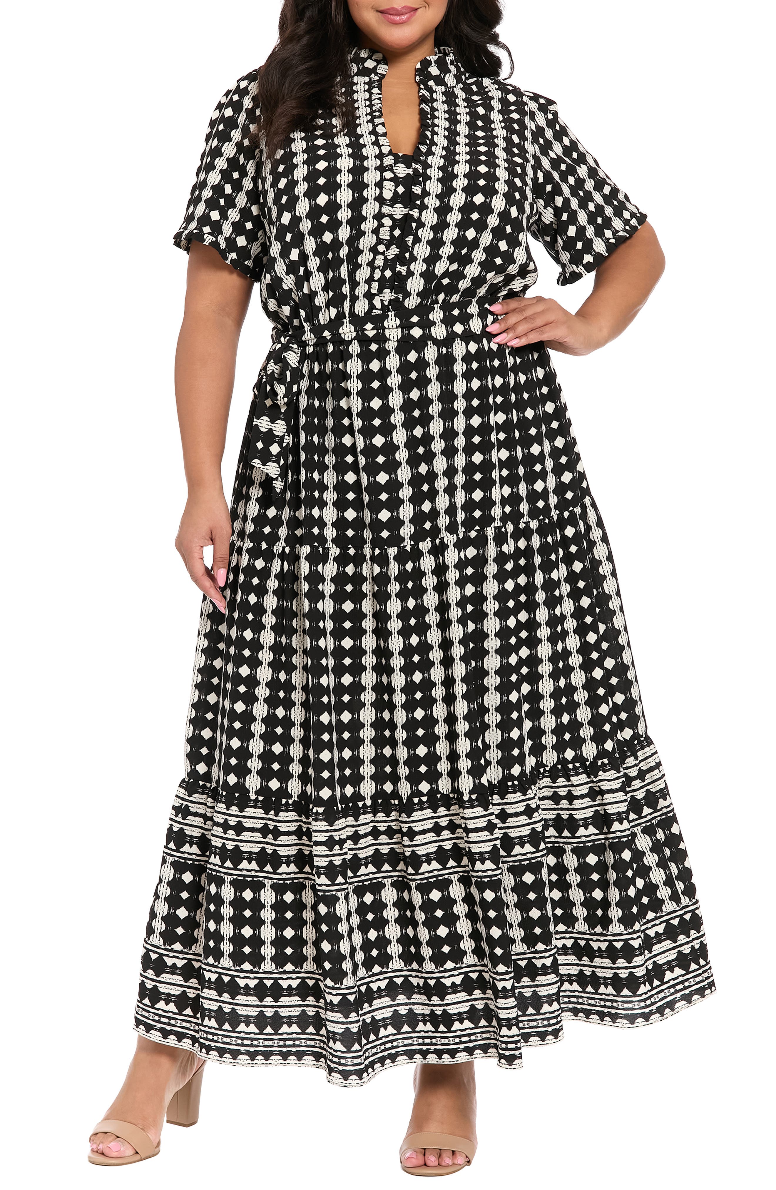 London Times Ruffle Neck Geometric Print Tiered Dress