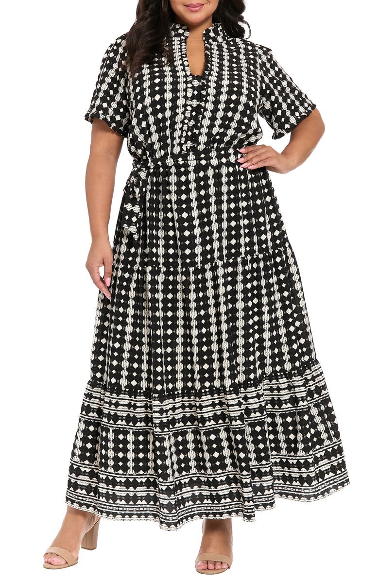London Times Plus Size Short-Sleeve Ruffle Collar Tiered Maxi Dress - Black/Soft White - Size 20W