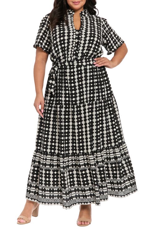 Ruffle Neck Geometric Print Tiered Dress (Plus)
