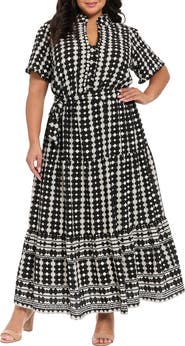 London Times Ruffle Neck Geometric Print Tiered Dress