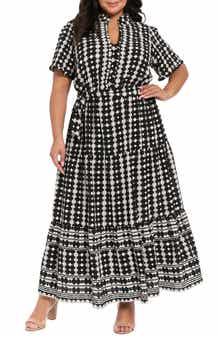 London Times Ruffle Neck Geometric Print Tiered Dress