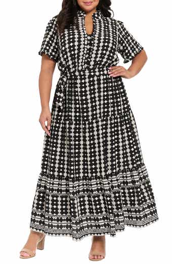 London Times Ruffle Neck Geometric Print Tiered Dress
