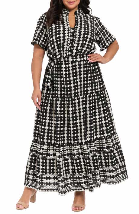 London Times Ruffle Neck Geometric Print Tiered Dress