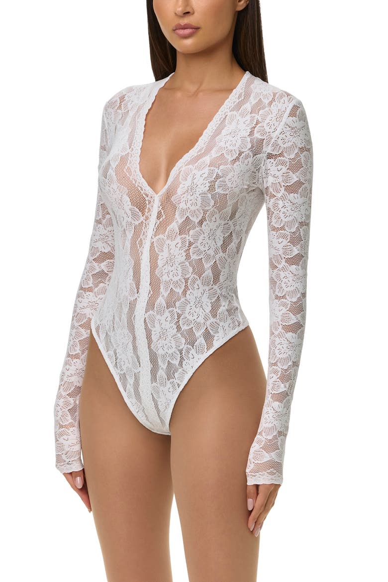 Lace Deep V-Neck Bodysuit, Alternate, color, WHITE