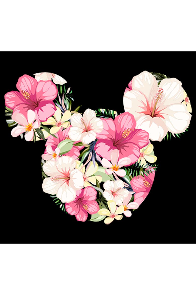 Junior's Mickey & Friends Pink Floral Mickey Mouse Logo  Graphic T-Shirt, Alternate, color, Black