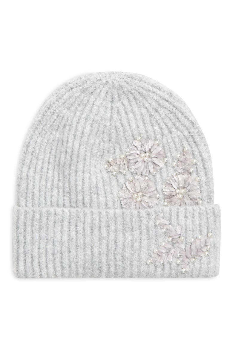 Floral Faux Pearl Embellished Beanie, Main, color, HEATHER GREY
