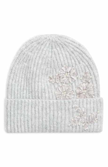 Floral Faux Pearl Embellished Beanie