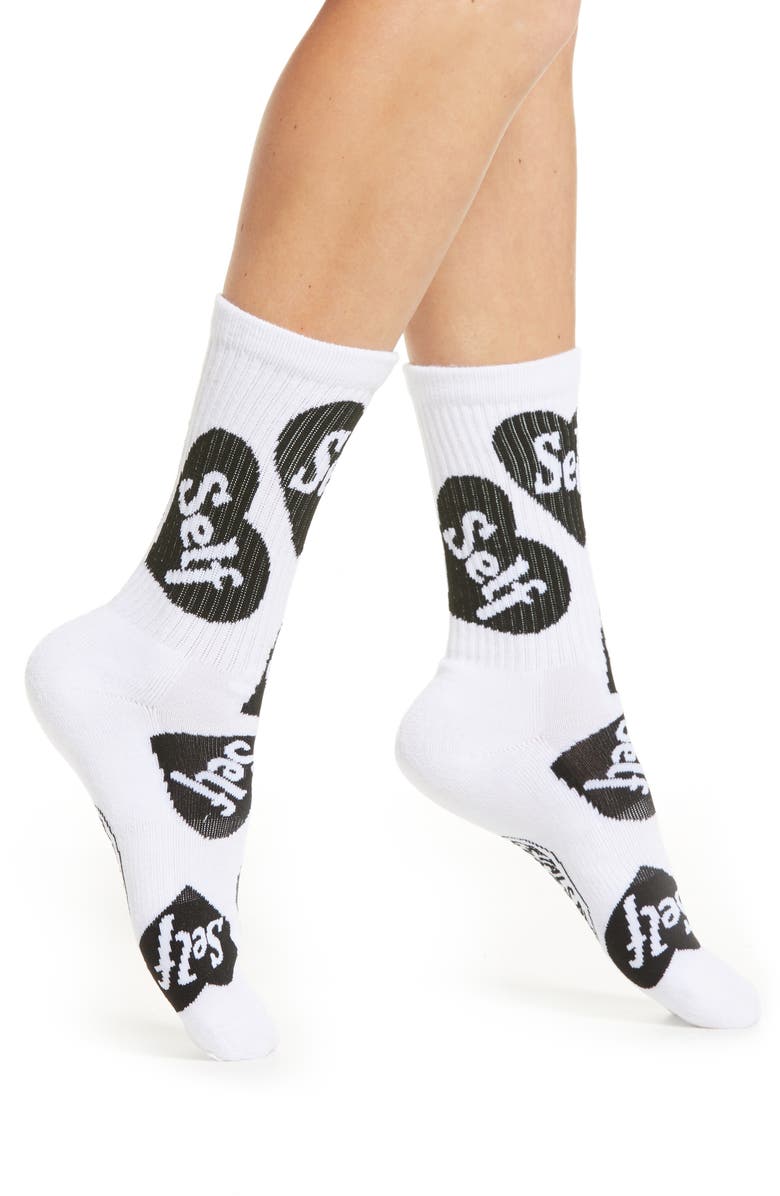 Petals and Peacocks Self Love Hearts Crew Socks, Main, color,