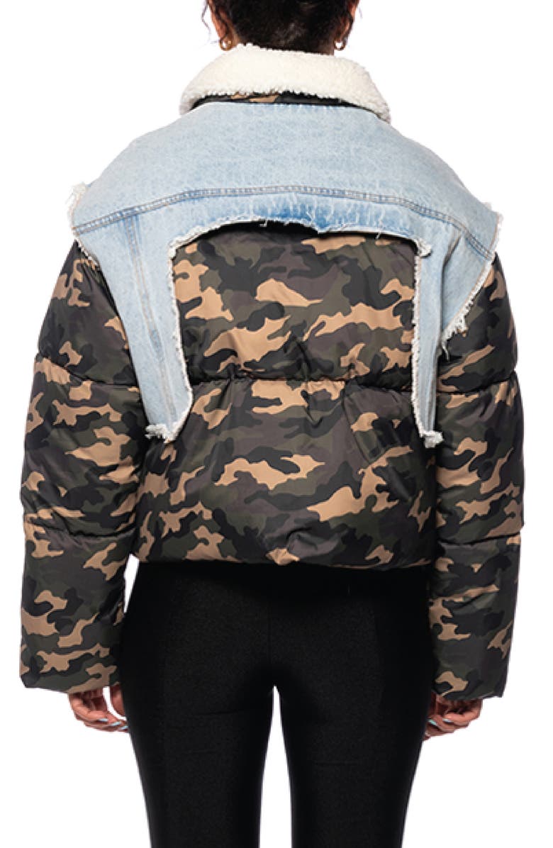 AZALEA WANG Hotshot Camo & Denim Puffer Jacket with Faux Shearling Collar, Alternate, color,