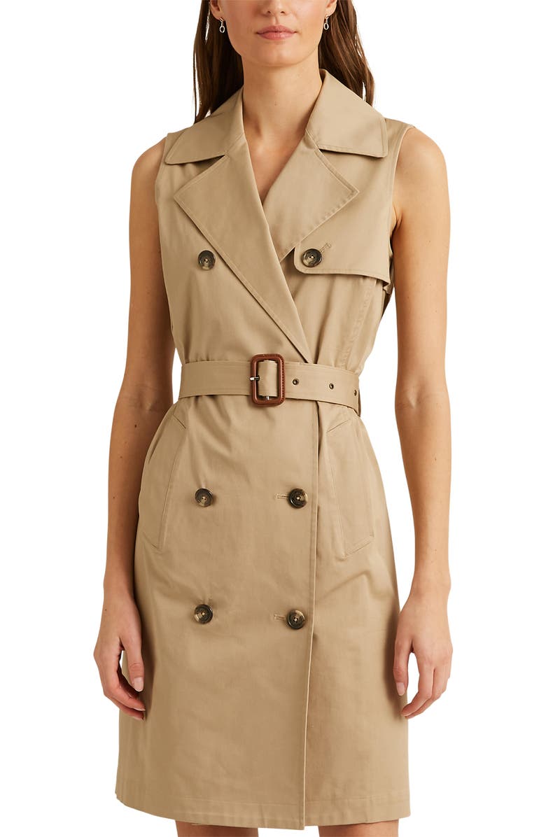 Ralph Lauren Sleeveless Stretch Cotton Twill Trench Dress, Alternate, color, Birch Tan