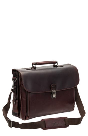 Mancini Double Compartment Flap Leather Briefcase In Brown