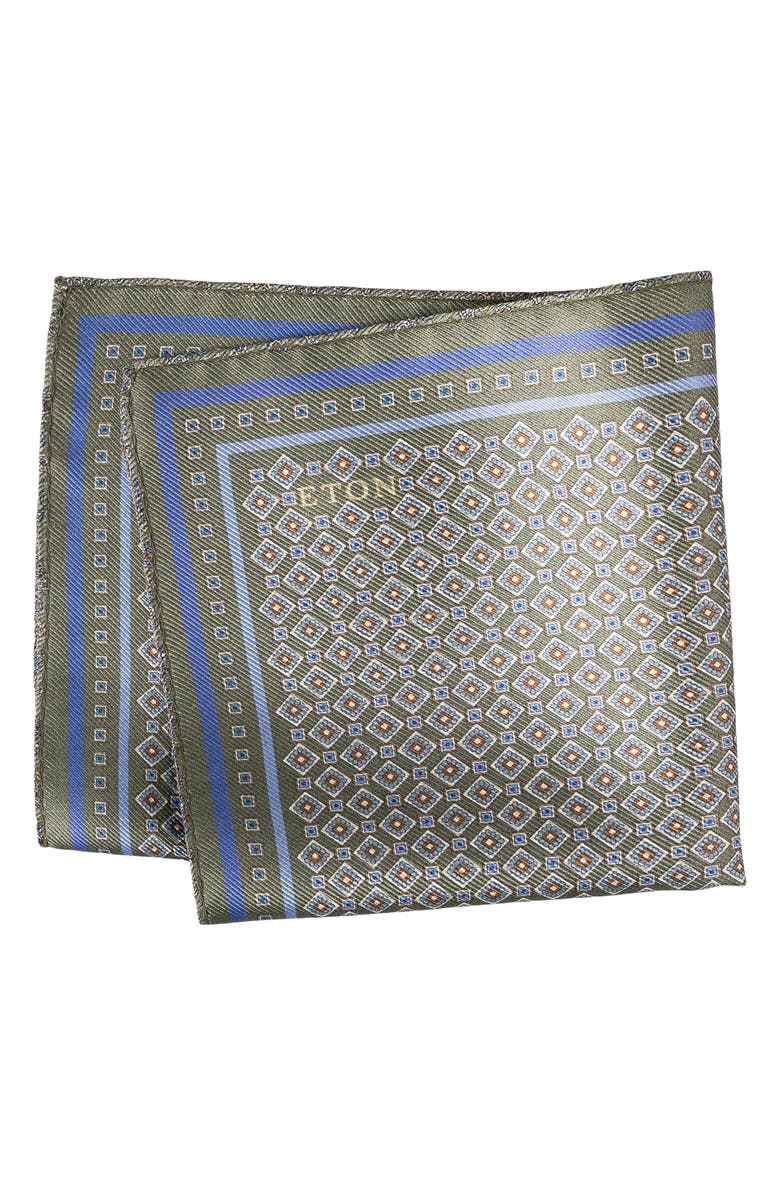 Eton Geometric & Paisley Reversible Silk Pocket Square, Main, color, Medium Green
