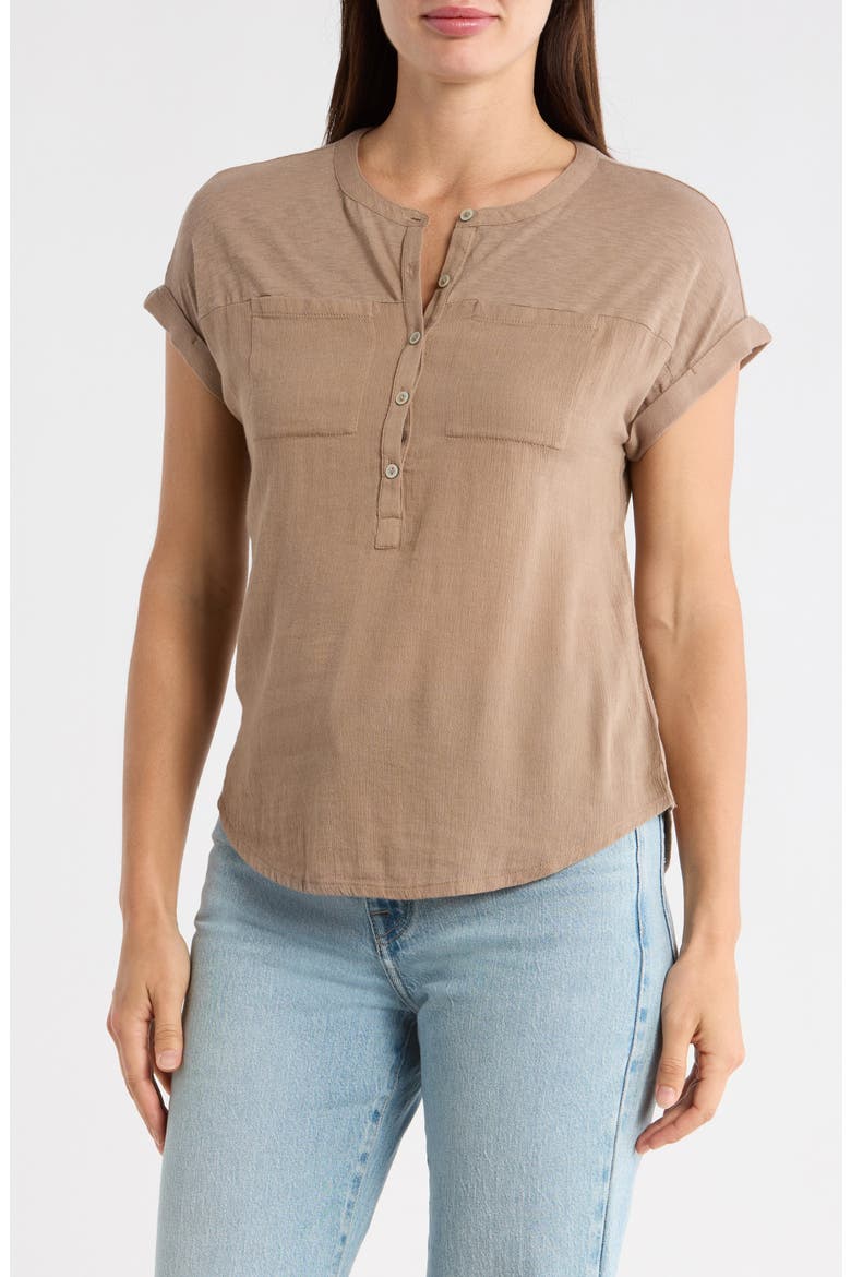 Mixed Media Short Sleeve Cotton Henley Top, Main, color, PINE BARK