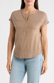 Lucky Brand Mixed Media Short Sleeve Cotton Henley Top