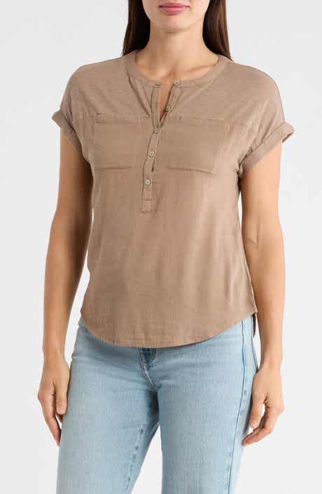Mixed Media Short Sleeve Cotton Henley Top