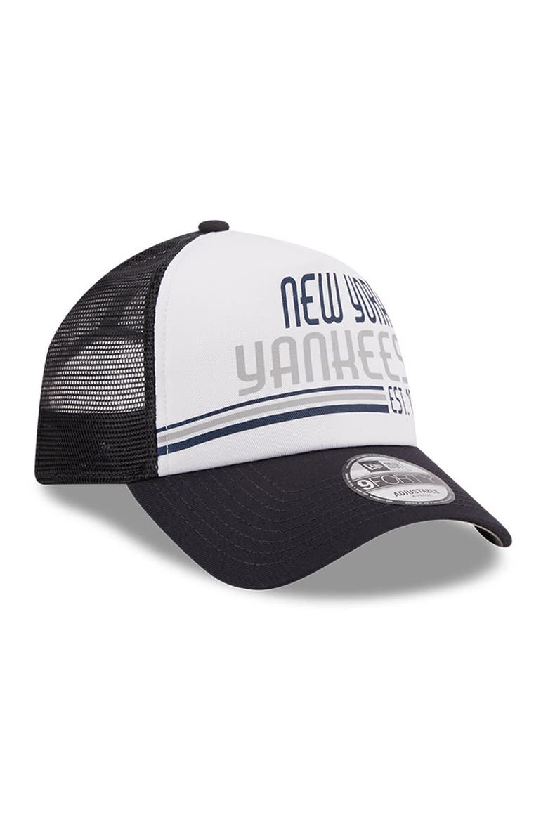 Men's New Era White/Navy New York Yankees Stacked A-Frame Trucker 9FORTY Adjustable Hat, Alternate, color, White