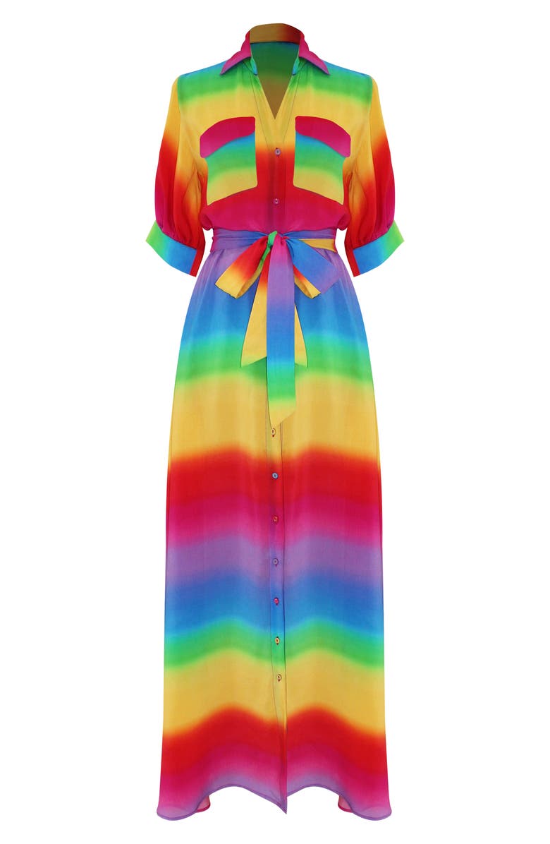 All Things Mochi Iska Rainbow Stripe Silk Maxi Shirtdress, Main, color, 