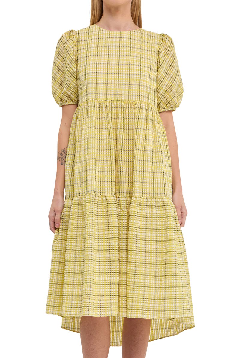 English Factory Plaid Tiered Ruffle Cotton Blend Dress, Alternate, color, Lime