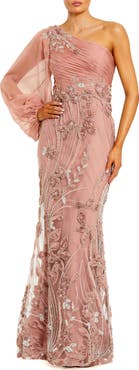 Mac Duggal One Shoulder Chiffon Gown with Embroidered Floral Skirt