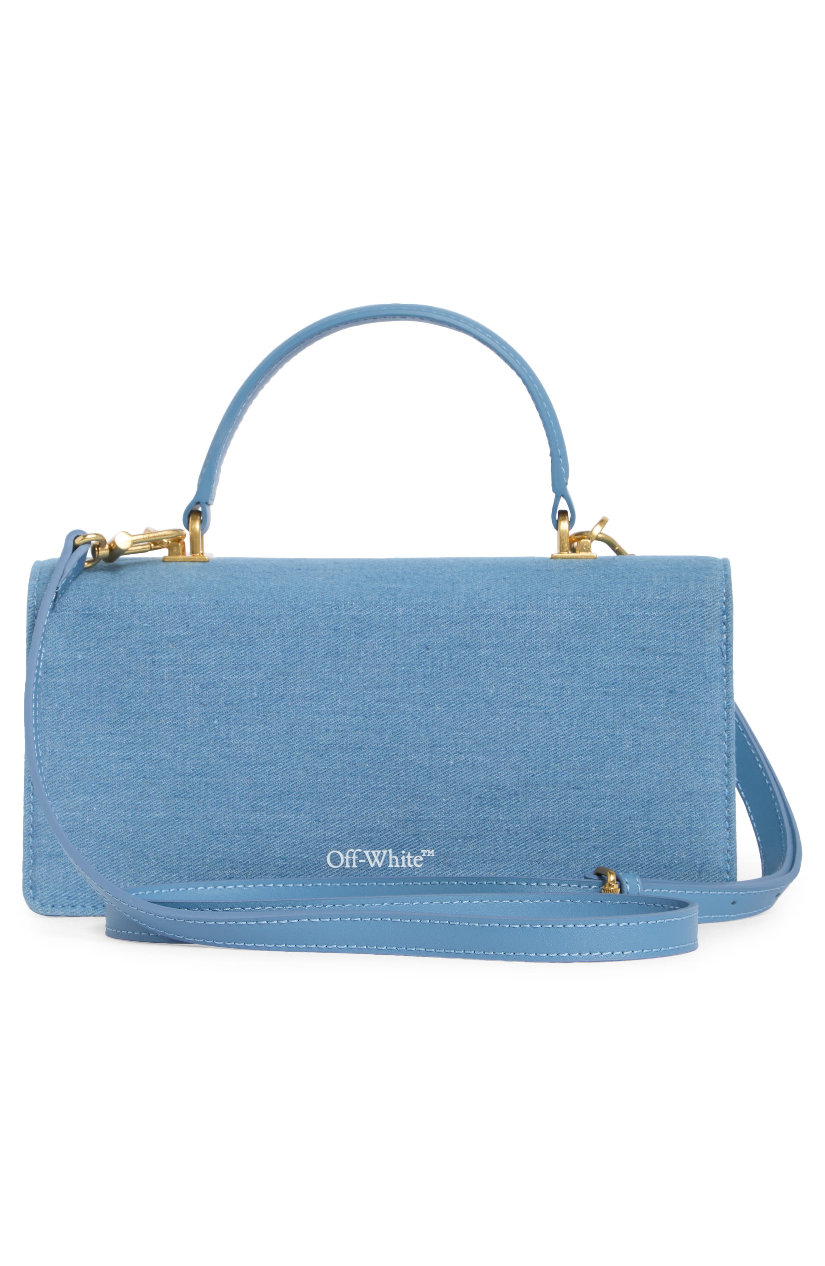 Off-White East/West Jitney Top Handle Denim Satchel, Alternate, color, Light Blue